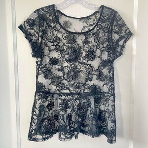 Black Sheer Lace Peplum Top | Y2K Goth Fairy Grunge Floral Mesh Blouse